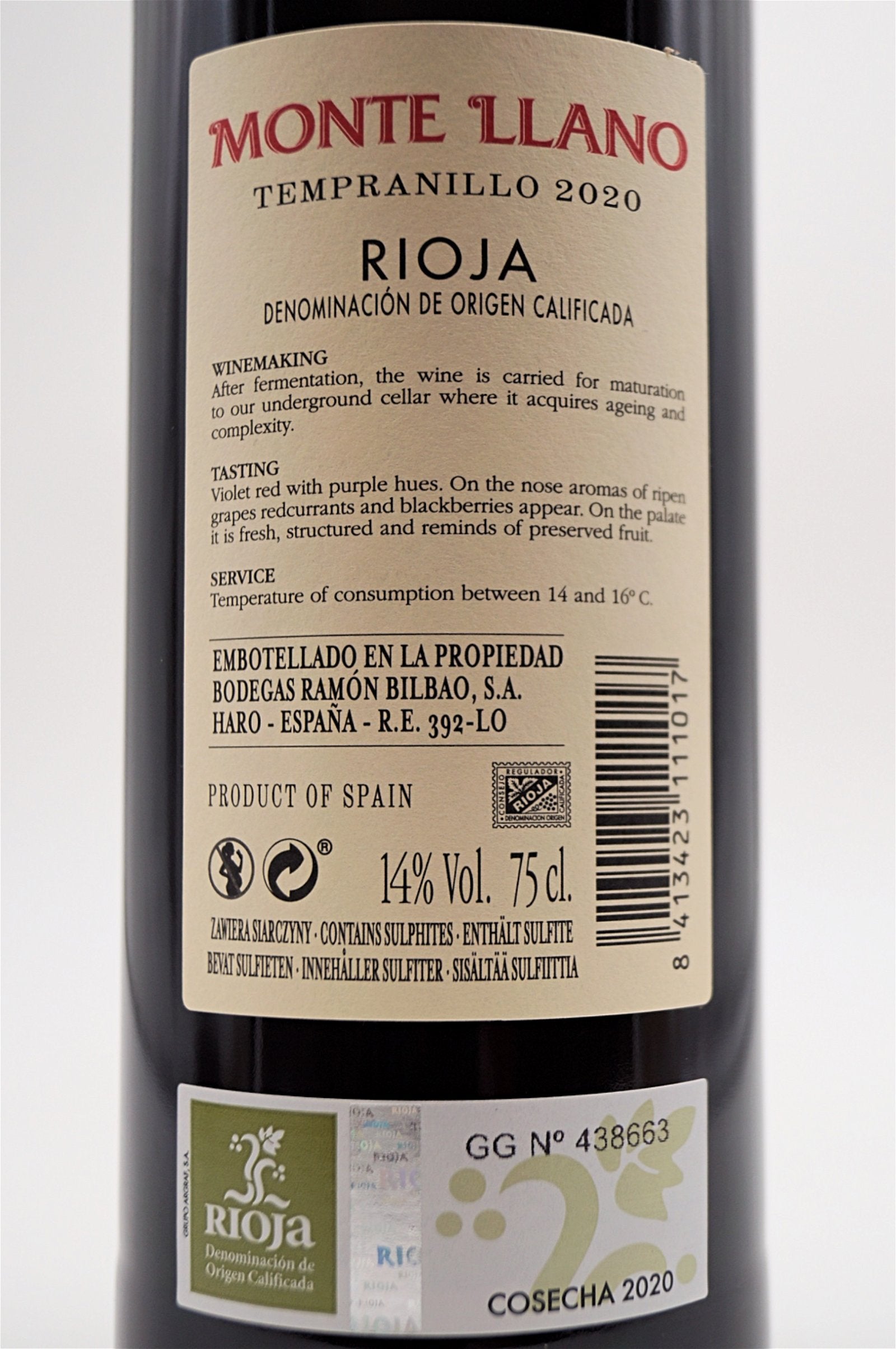  Ramon Bilbao - Monte Llano Rioja TEMPRANILLO 2020